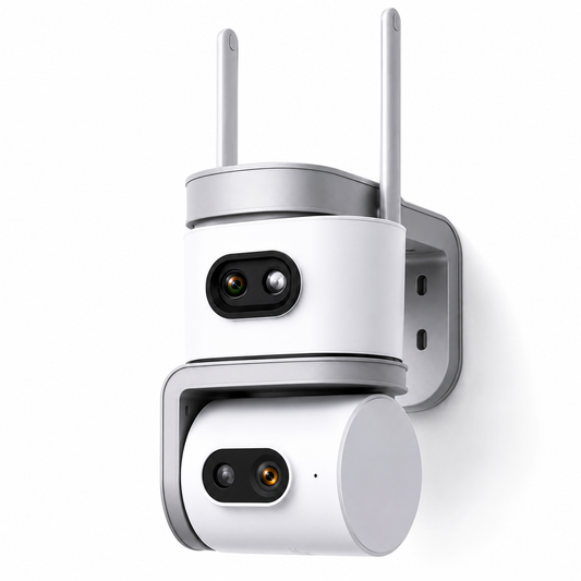 Telecamera WiFi Esterno Dual Lens, Telecamera di Sorveglianza 355° PTZ con Visione Notturna a Colori, Rilevamento Movimento, Audio Bidirezionale, WiFi 2.4 GHz, Controllo da App per Casa, Garage e Negozio
