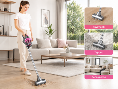 Aspirapolvere 2 in 1 Scopa Elettrica e Aspirapolvere Portatile, Design Compatto, Contenitore Polvere Trasparente, Impugnatura Pratica, per Pavimenti, Tappeti, Divano e Pulizia della Casa, Grigio/Rosa