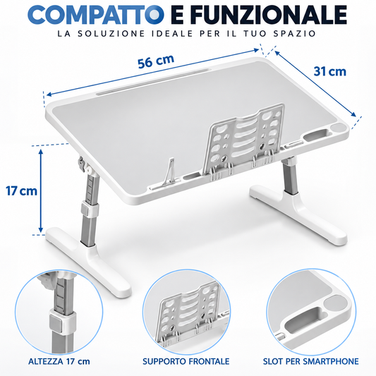 BDIT Accessori Tavolino Pieghevole per Laptop, Tavolino da Letto Regolabile con Piano Inclinabile 0-36°, Supporto Smartphone e Ferma Oggetti, per Studio, Lavoro, Divano e Letto, 56x31x17 cm, Bianco