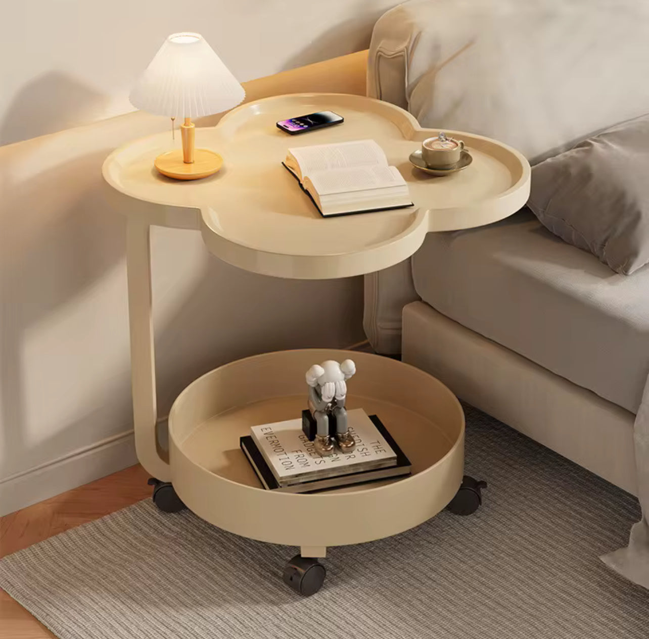 Comodino Salvaspazio su Ruote - Design a Fiore a Due Piani, Perfetto per Soggiorno e Camera da Letto