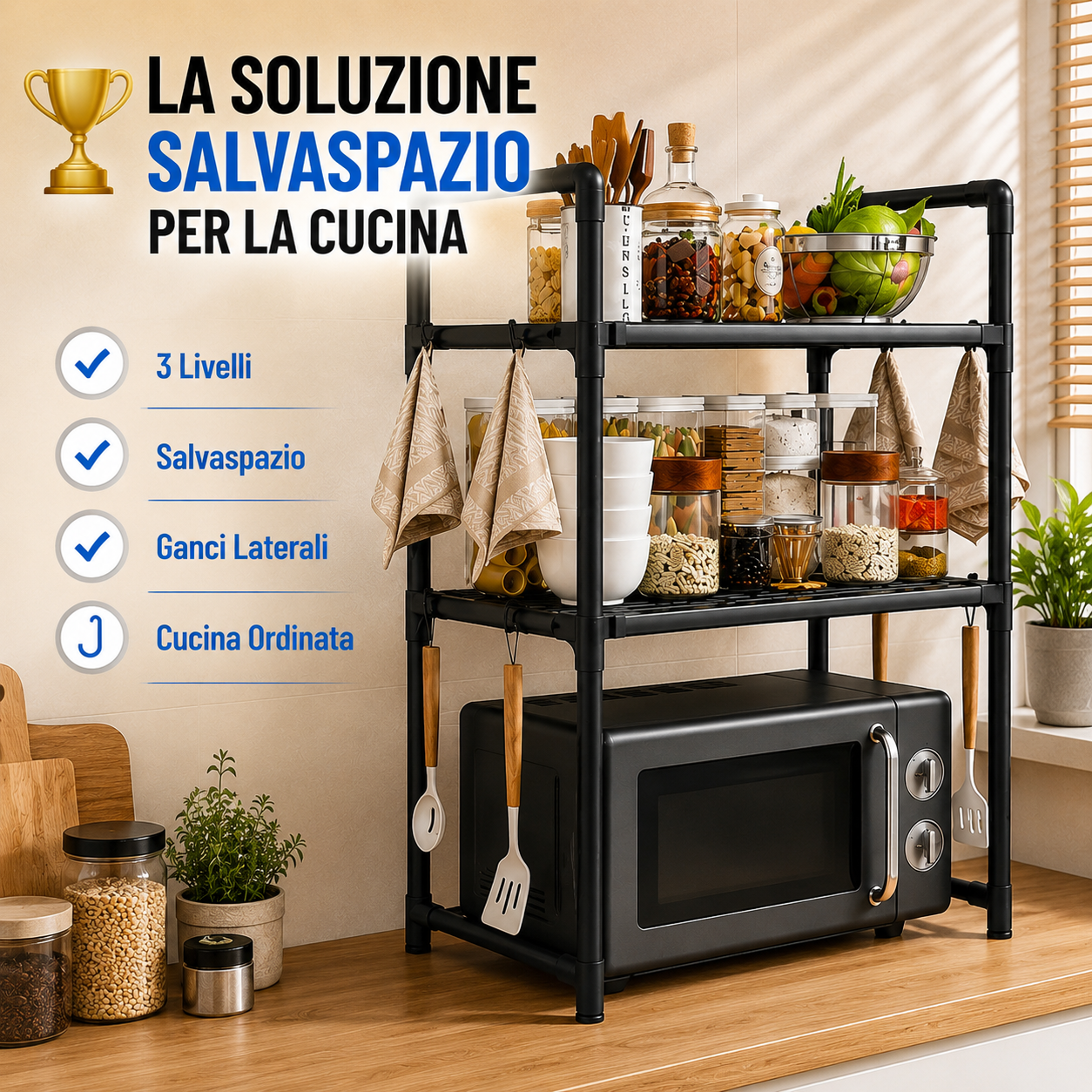 Scaffale Porta Microonde da Cucina 3 Ripiani con Ganci Laterali, Organizer Salvaspazio in Metallo, Mensola per Microonde e Dispensa, Porta Spezie e Accessori Cucina, 50,5 x 27 x 73 cm Nero