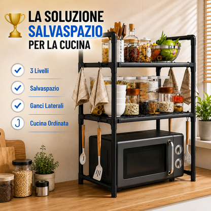Scaffale Porta Microonde da Cucina 3 Ripiani con Ganci Laterali, Organizer Salvaspazio in Metallo, Mensola per Microonde e Dispensa, Porta Spezie e Accessori Cucina, 50,5 x 27 x 73 cm Nero