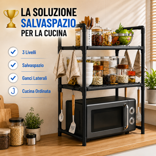 Scaffale Porta Microonde da Cucina 3 Ripiani con Ganci Laterali, Organizer Salvaspazio in Metallo, Mensola per Microonde e Dispensa, Porta Spezie e Accessori Cucina, 50,5 x 27 x 73 cm Nero