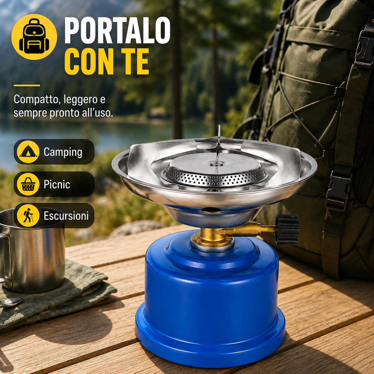 SAFETYCAMPING TR-219 Fornello da Campeggio Portatile, Fornello a Gas Compatto con Bruciatore e Regolazione della Fiamma, per Camping, Picnic, Pesca ed Escursioni Outdoor