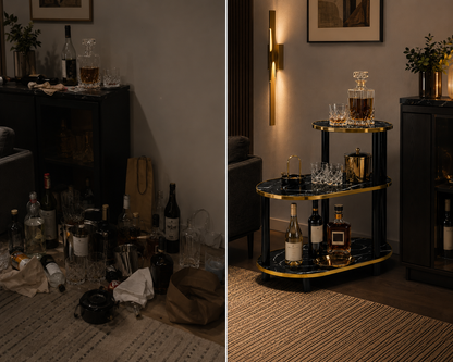 Tavolino da Salotto Nero Marmo Oro, Tavolino Laterale Moderno a 3 Ripiani, Mobile Bar Elegante Multiuso, Comodino Design Scandinavo con Struttura in Metallo Nero e Bordi Oro, 60x30x68 cm