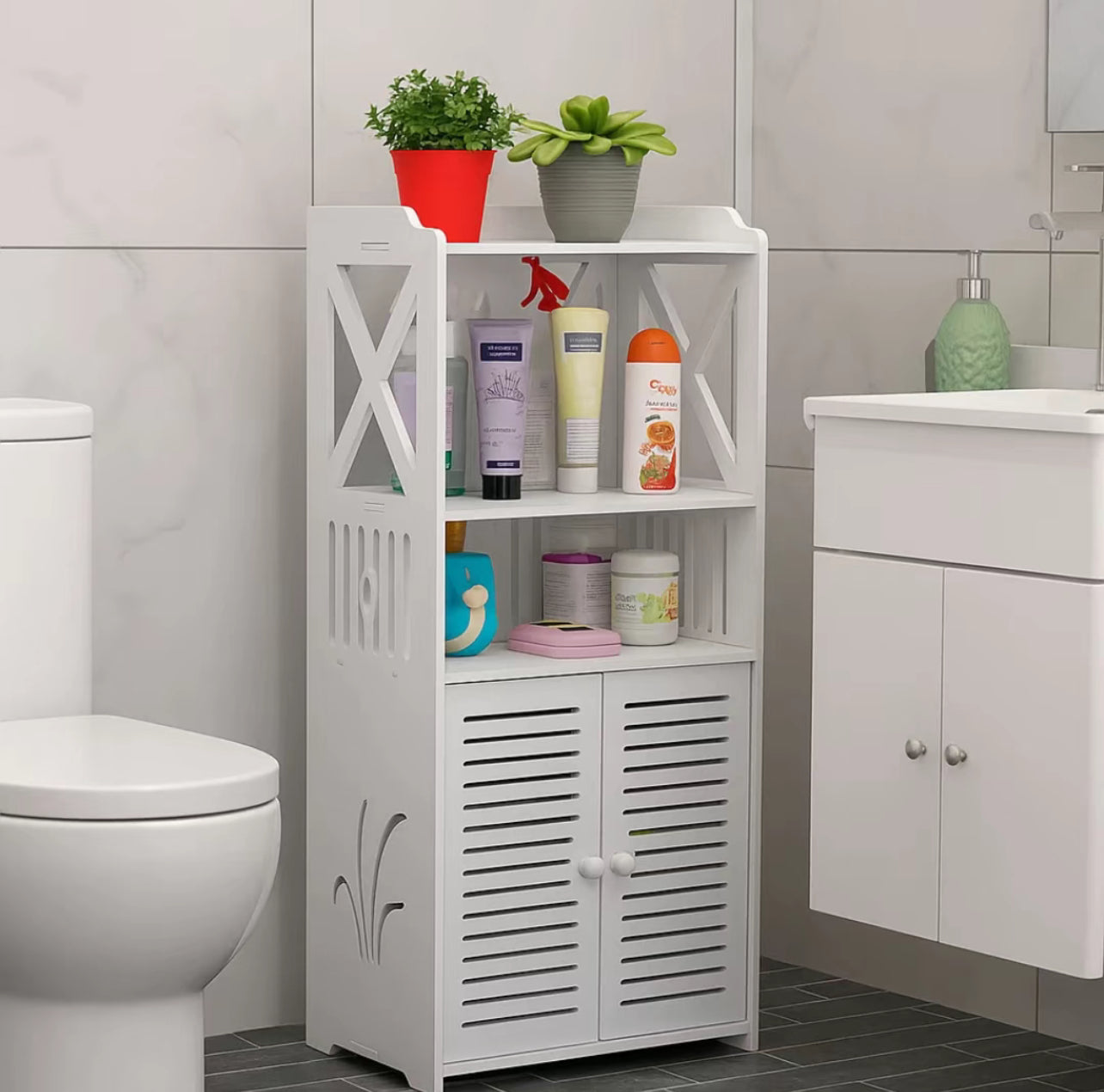 Bdit accessori -Mobiletto Salvaspazio da Bagno – Bianco, 90×40×25 cm con ante - BDIT ACCESSORI