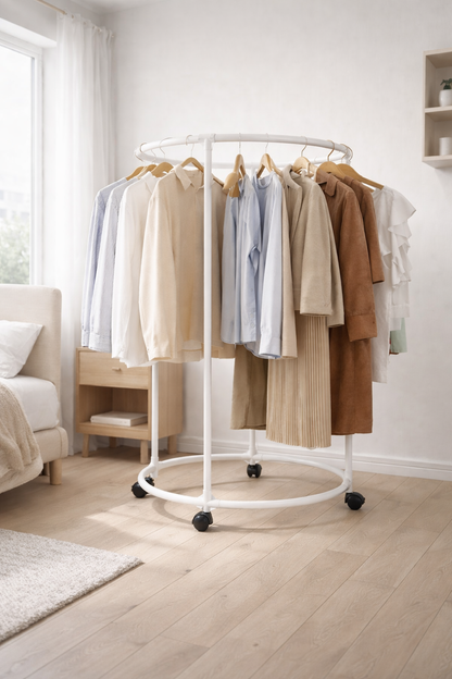 Appendiabiti Circolare con Ruote Bianco 130 cm – Stand Porta Abiti Rotondo in Metallo, Attaccapanni Mobile per Camera da Letto, Guardaroba Aperto Salvaspazio per Casa, Negozio, Boutique