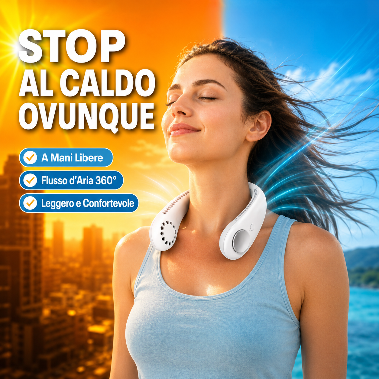 Ventilatore da Collo Portatile Ricaricabile, Flusso d’Aria 360°, Design Ergonomico a Mani Libere, Leggero e Flessibile, Ideale per Ufficio, Viaggi, Passeggiate e Attività all’Aperto