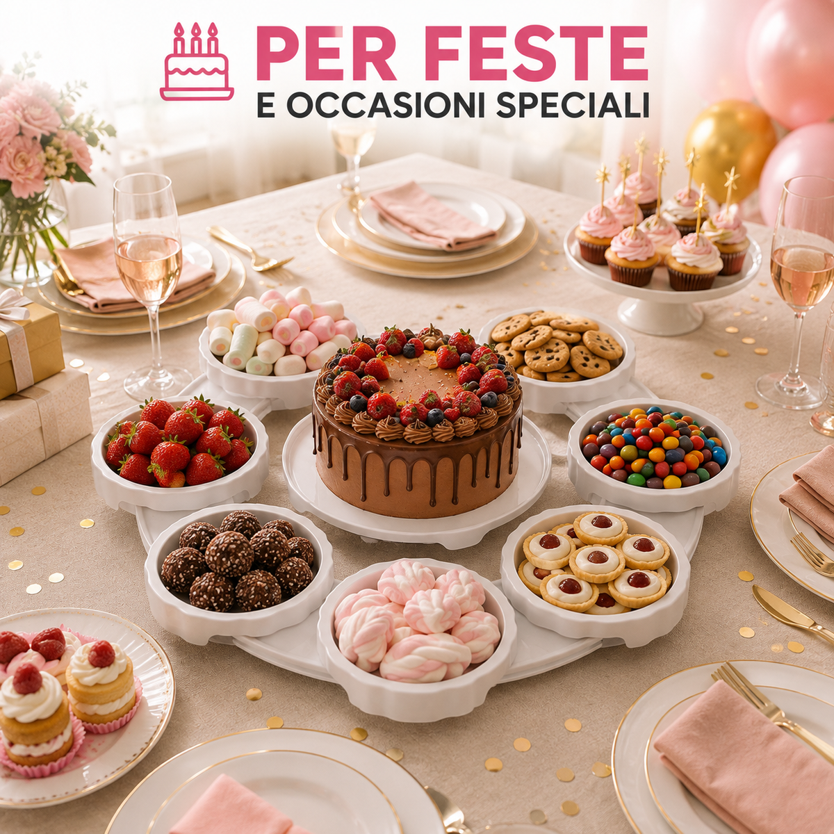Vassoio Rotante da Tavola con Scomparti, Porta Snack Girevole per Condivisione, Organizer per Dolci, Frutta, Aperitivi e Antipasti, Centro Tavola per Feste, Famiglia e Riunioni