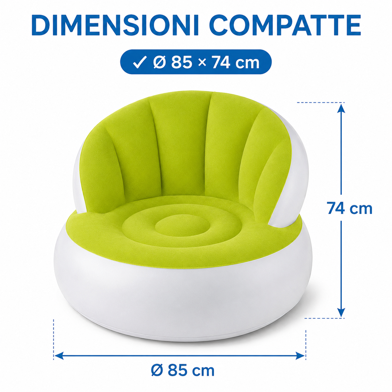 Divano Gonfiabile Singolo, Poltrona Gonfiabile Ø 85 x 74 cm, Poltrona Ergonomica in PVC Resistente, Facile da Gonfiare e Sgonfiare, Leggera e Portatile, per Soggiorno, Camera, Giardino e Campeggio