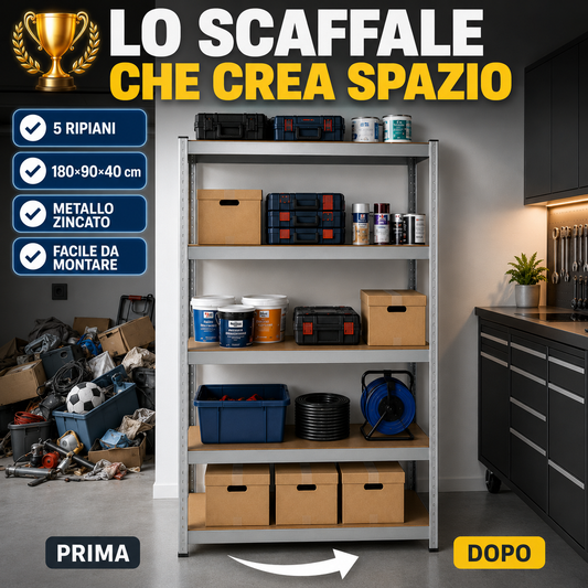 Scaffale Metallico 180x90x40 cm a 5 Ripiani, Scaffalatura in Acciaio Zincato con Ripiani MDF, Sistema ad Incastro Senza Viti, Scaffale Multiuso per Garage, Cantina, Magazzino e Lavanderia
