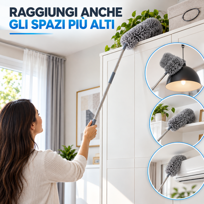 BDIT Accessori Set Piumino Catturapolvere Telescopico con 3 Testine Intercambiabili, Spolverino in Microfibra con Manico Estensibile, per Mobili, Letto, Lampade e Pulizia Casa, Grigio