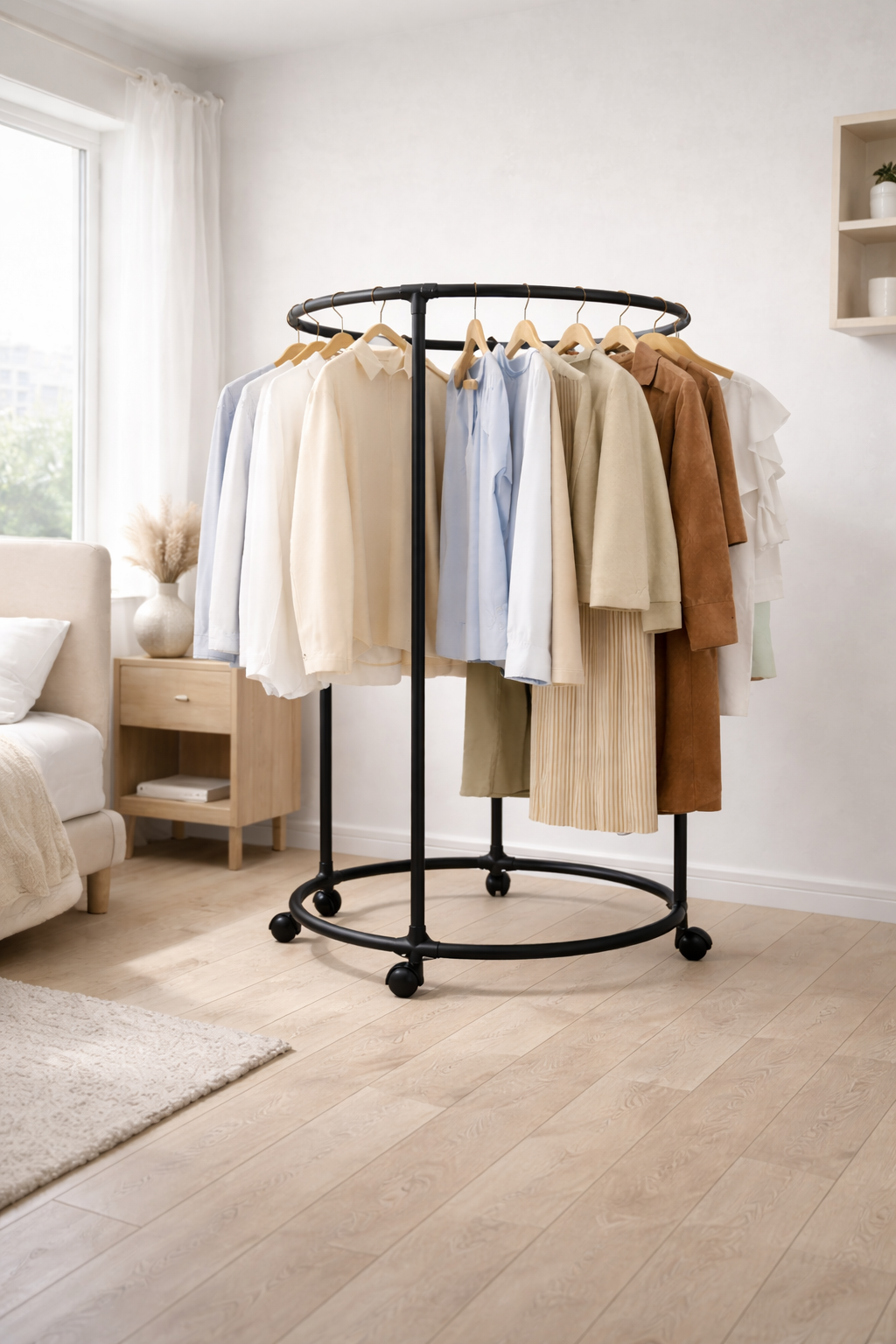 Appendiabiti Circolare con Ruote nero 130 cm – Stand Porta Abiti Rotondo in Metallo, Attaccapanni Mobile per Camera da Letto, Guardaroba Aperto Salvaspazio per Casa, Negozio, Boutique