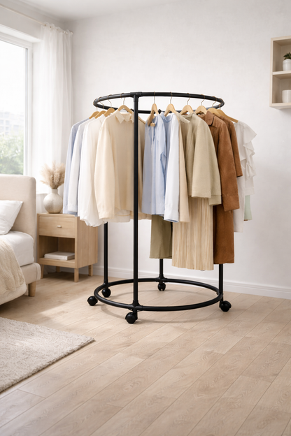 Appendiabiti Circolare con Ruote nero 130 cm – Stand Porta Abiti Rotondo in Metallo, Attaccapanni Mobile per Camera da Letto, Guardaroba Aperto Salvaspazio per Casa, Negozio, Boutique
