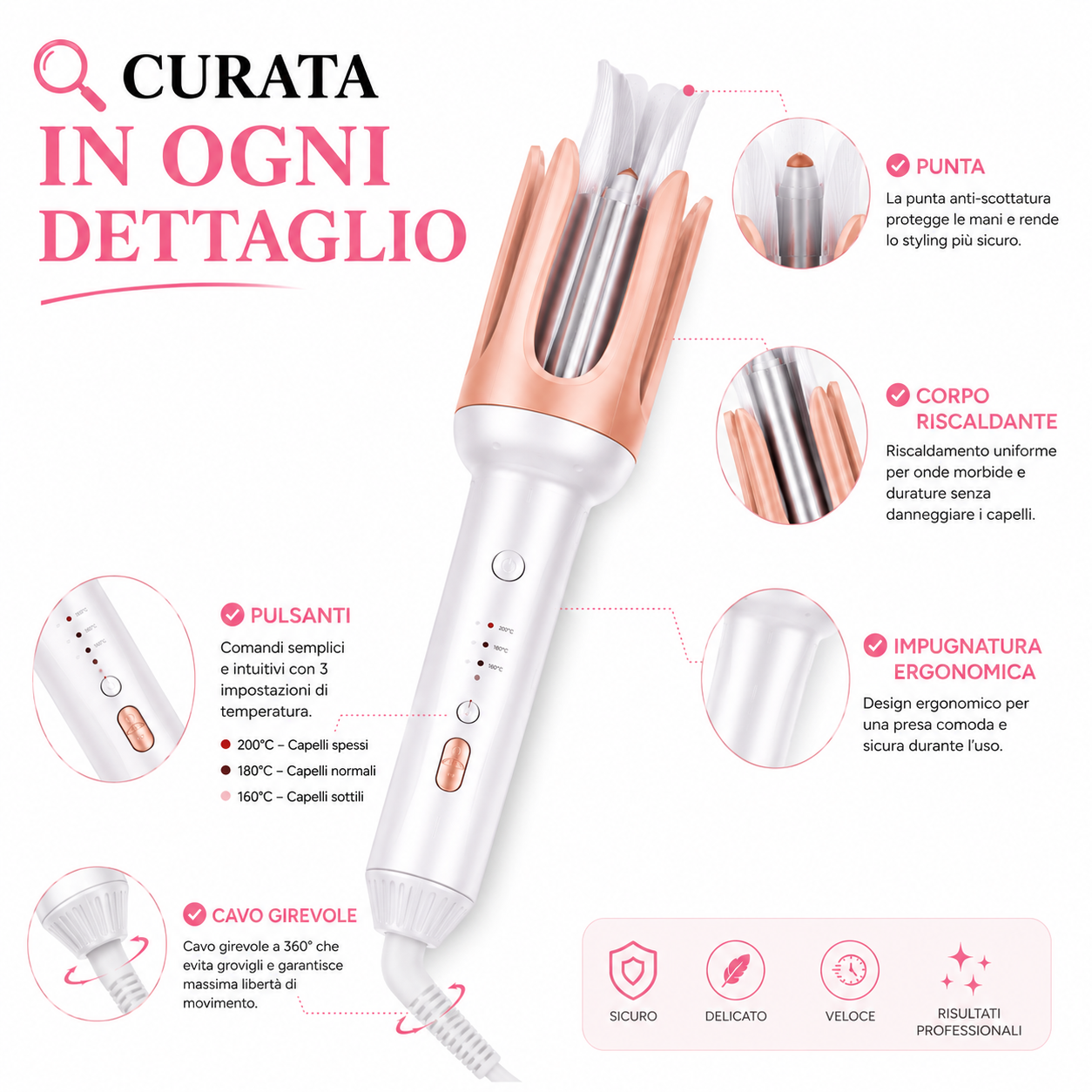 Arricciacapelli Automatico per Onde Naturali, Styler Capelli con Riscaldamento Rapido, 3 Temperature Regolabili, Design Ergonomico, Facile da Usare, Arricciatore Automatico per Capelli Lunghi, Medi e Corti