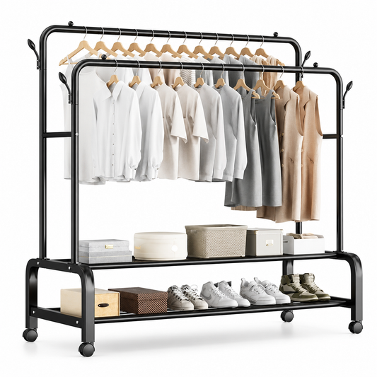 Appendiabiti Doppio con Ruote in Metallo Nero, Stand Appendiabiti Salvaspazio con 2 Barre e Ripiani Porta Scarpe, Attaccapanni Moderno per Camera da Letto, Ingresso, Negozio e Cabina Armadio