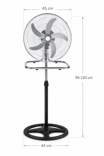 Ventilatore 3 in 1 da Terra e Tavolo Cromato, Ventilatore Oscillante con Piedistallo Regolabile, Ventola Silenziosa ad Alta Potenza, Design Moderno in Metallo per Casa Ufficio Camera