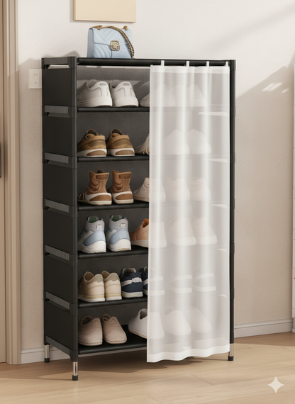 Scarpiera 7 Ripiani con Tenda – Colore Bianco – Struttura in Metallo e Ripiani in Stoffa – Organizer Salvaspazio 58x26x110 cm per Ingresso, Camera e Ripostiglio