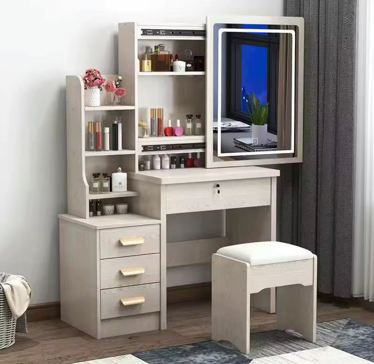 Tavolo da Toeletta con Specchio e Sgabello – Vanity Make Up con 3 Cassetti e Ripiani Portaoggetti – Design Moderno per Camera da Letto – Disponibile in Bianco e Rosa