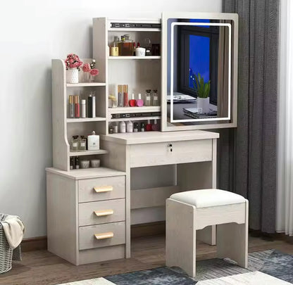Tavolo da Toeletta con Specchio e Sgabello – Vanity Make Up con 3 Cassetti e Ripiani Portaoggetti – Design Moderno per Camera da Letto – Disponibile in Bianco e Rosa