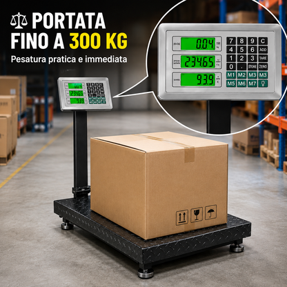 BDIT ACCESSORI Bilancia Digitale Professionale 300 kg, Bilancia Elettronica a Piattaforma con Display LCD e Tastiera, Ampia Pedana, per Magazzino, Deposito, Negozio e Pacchi