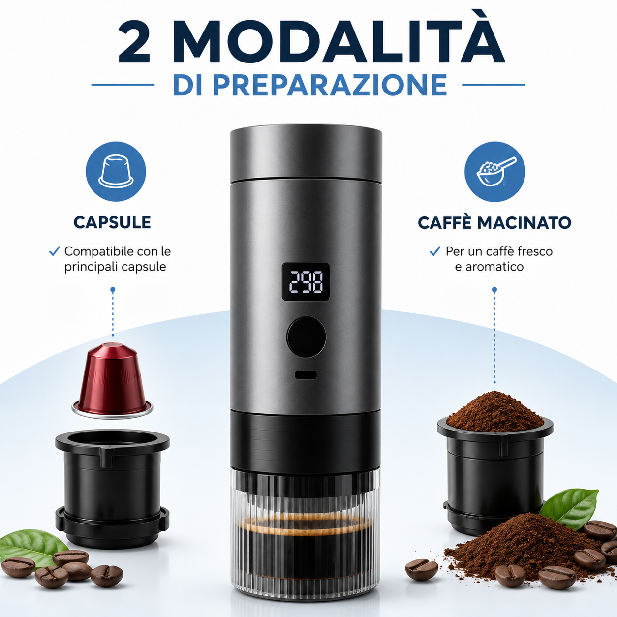 Caffettiera Elettrica Portatile Wireless con Display Digitale, Compatibile con Capsule e Caffè Macinato, Macchina da Caffè Espresso Ricaricabile USB-C, One Click, Ideale per Viaggi, Auto, Ufficio e Campeggio