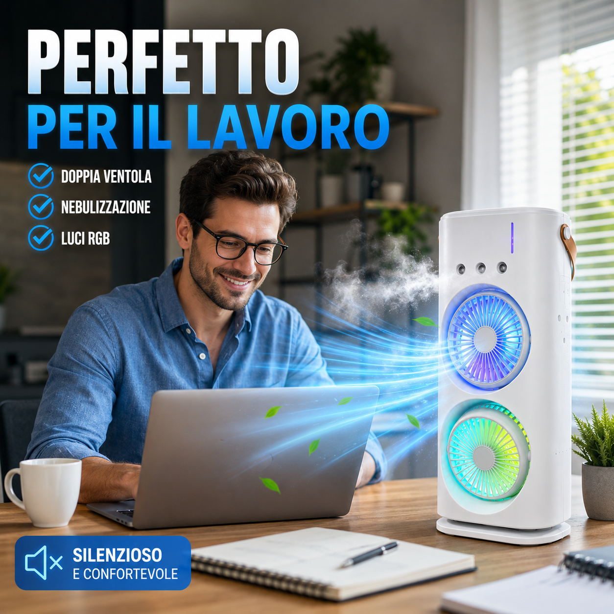 Raffrescatore Portatile con Doppia Ventola, Nebulizzazione ad Acqua e Luci RGB, Mini Condizionatore USB da Tavolo, Ventilatore Silenzioso con Serbatoio Acqua, per Ufficio, Camera da Letto e Casa