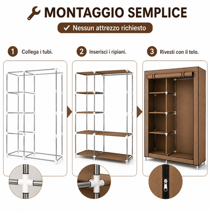 Armadio Guardaroba in Tessuto 175 × 105 × 45 cm, Armadio Pieghevole con Barra Appendiabiti e Ripiani, Armadio Salvaspazio con Struttura in Metallo e Chiusura con Cerniera, Colore Marrone
