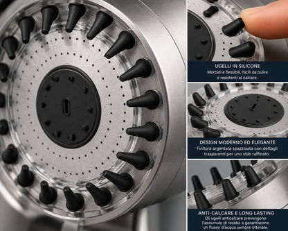 Soffione Doccia Alta Pressione con Pulsante Stop, Doccetta Multigetto 3 Modalità, Soffione Doccia con Ventola a Spirale e Filtro Integrato, Ugelli Anticalcare, Risparmio Idrico, Attacco Universale G1/2”
