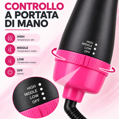 BDIT Accessori Spazzola ad Aria Calda per Capelli, Spazzola Asciugacapelli e Styler One Step, Testa Ovale con Setole, Impugnatura Ergonomica e Livelli Regolabili, Nero e Rosa