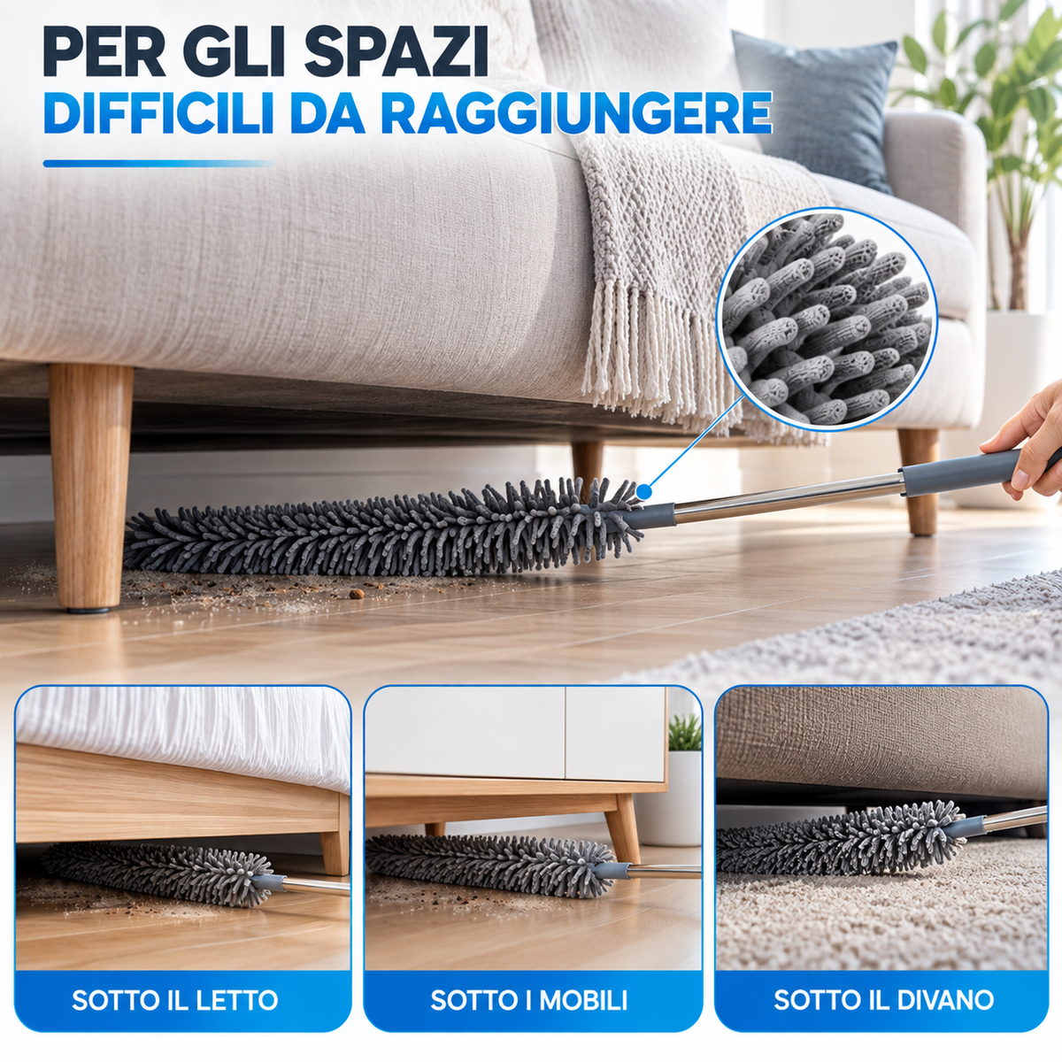 BDIT Accessori Set Piumino Catturapolvere Telescopico con 3 Testine Intercambiabili, Spolverino in Microfibra con Manico Estensibile, per Mobili, Letto, Lampade e Pulizia Casa, Grigio