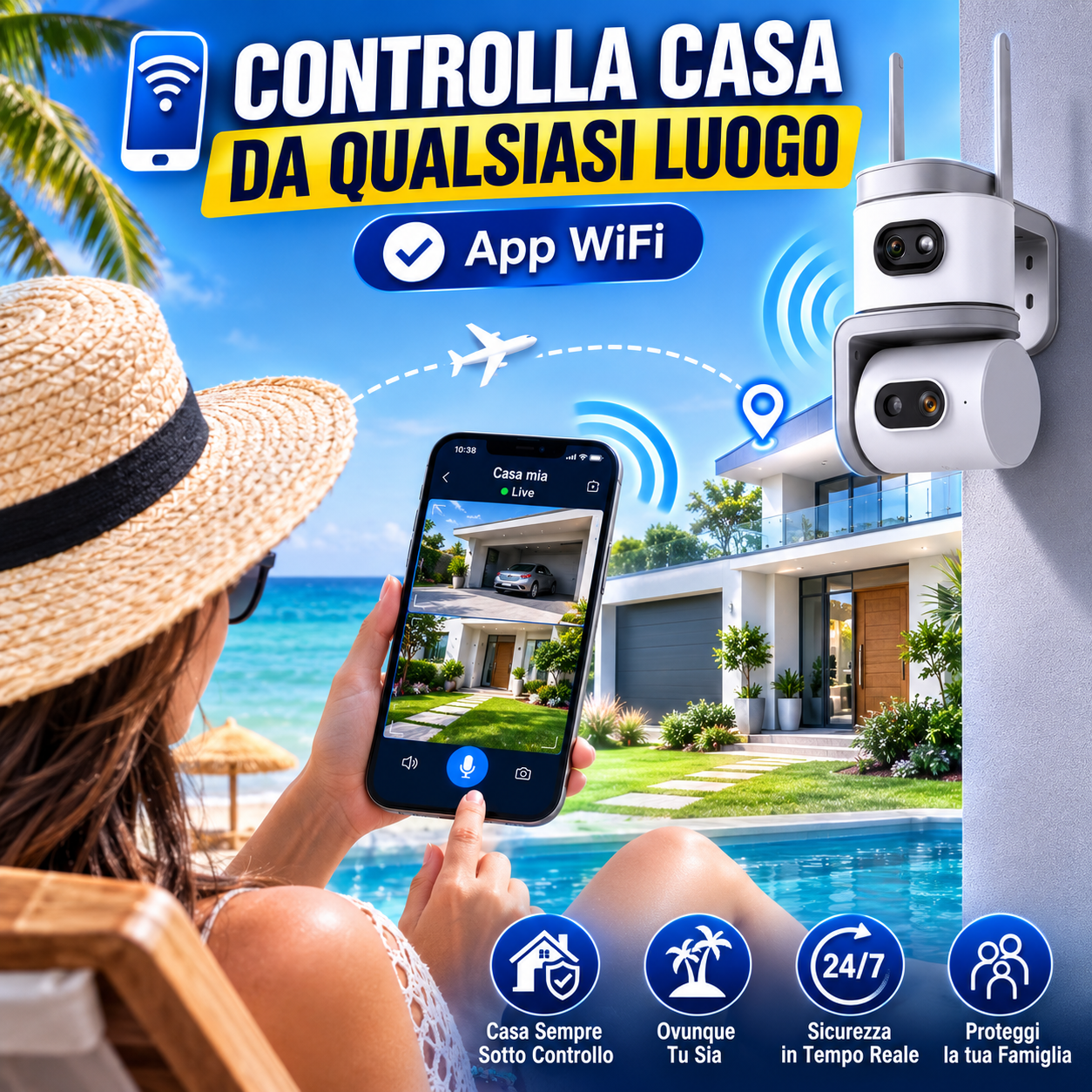 Telecamera WiFi Esterno Dual Lens, Telecamera di Sorveglianza 355° PTZ con Visione Notturna a Colori, Rilevamento Movimento, Audio Bidirezionale, WiFi 2.4 GHz, Controllo da App per Casa, Garage e Negozio