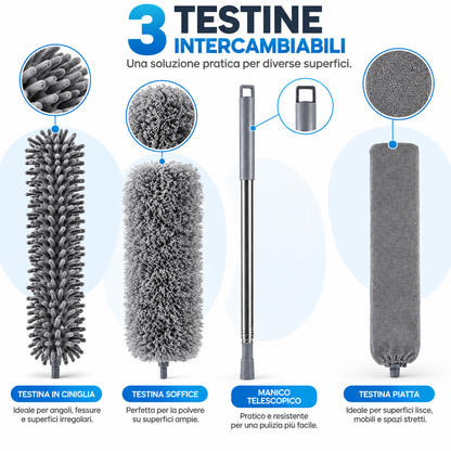 BDIT Accessori Set Piumino Catturapolvere Telescopico con 3 Testine Intercambiabili, Spolverino in Microfibra con Manico Estensibile, per Mobili, Letto, Lampade e Pulizia Casa, Grigio