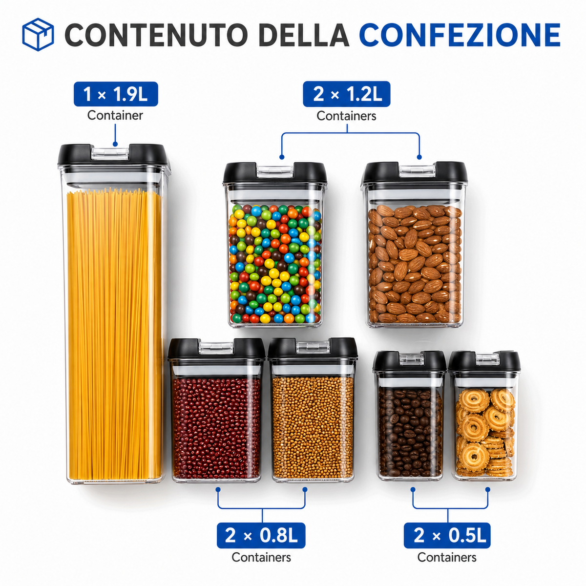 Set 7 Contenitori Ermetici per Alimenti con Coperchio Airtight, Barattoli Salvaspazio Impilabili per Pasta, Cereali, Caffè, Biscotti e Legumi, Contenitori Trasparenti per Cucina e Dispensa