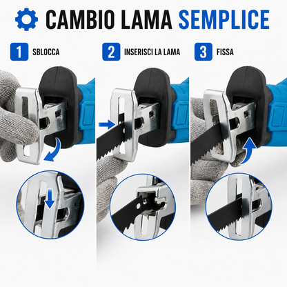 Seghetto a Batteria Portatile con 4 Lame Intercambiabili e Valigetta, Sega a Gattuccio Compatta e Maneggevole con Luce Frontale, per Taglio Legno, Metallo, Fai da Te e Manutenzi
