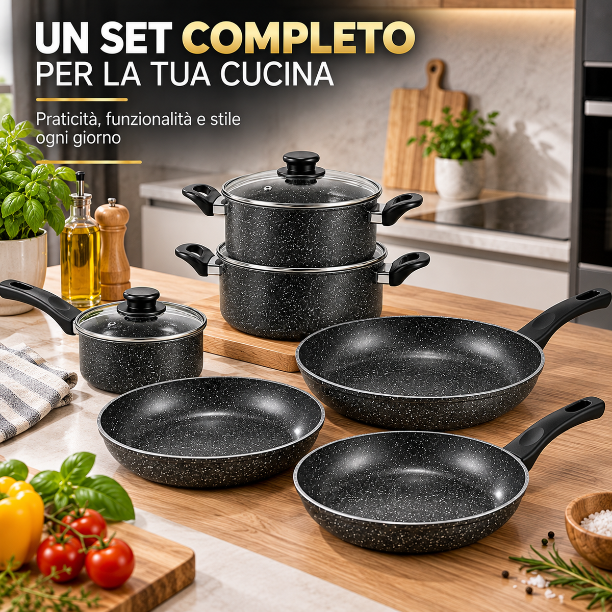 BDIT Accessori Set Pentole e Padelle 9 Pezzi Effetto Granito, Batteria da Cucina con Coperchi in Vetro, Padelle 22/25/30 cm, Casseruole 20/24 cm e Pentolino 14 cm, Nero Grigio