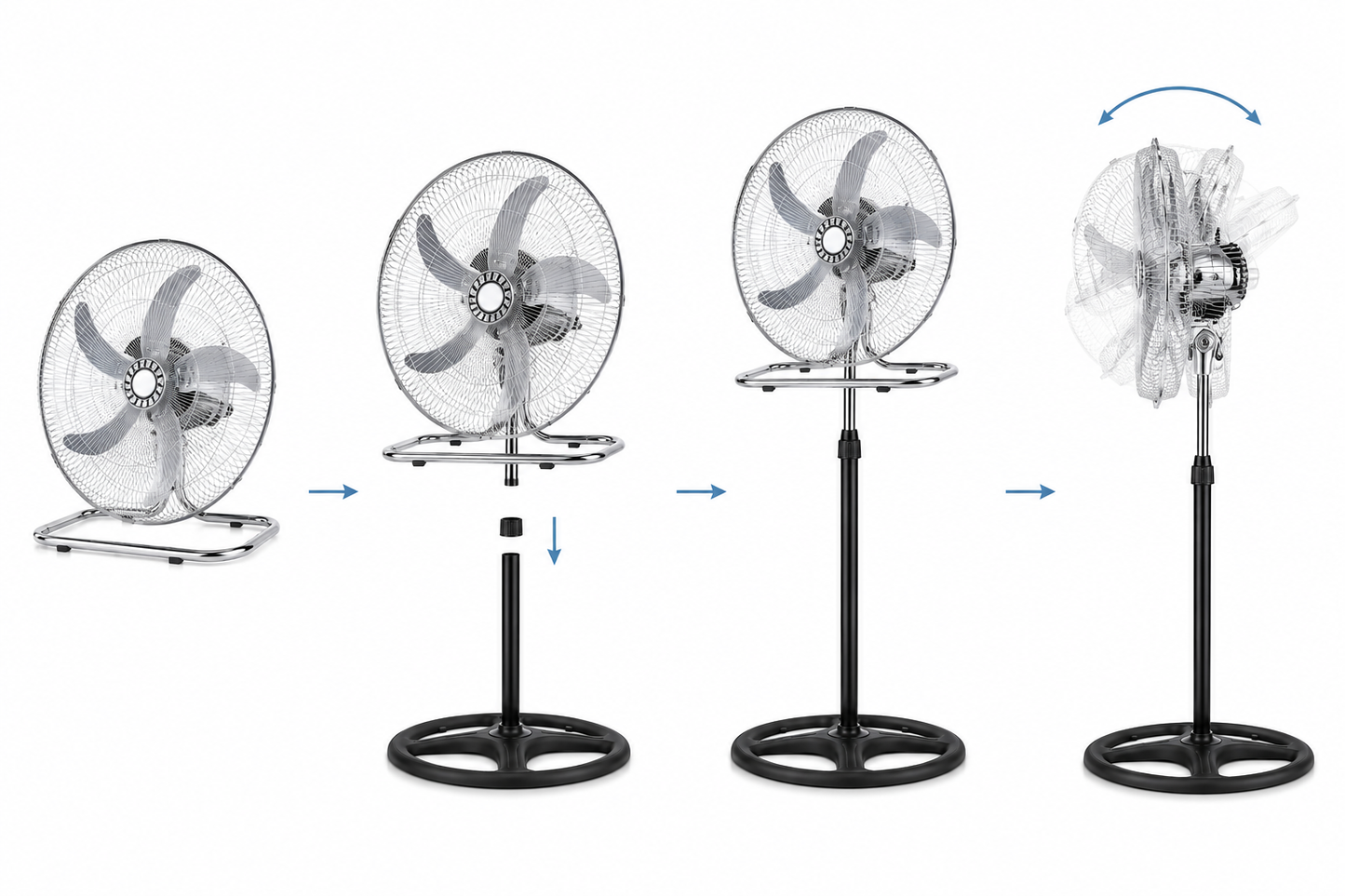 Ventilatore 3 in 1 da Terra e Tavolo Cromato, Ventilatore Oscillante con Piedistallo Regolabile, Ventola Silenziosa ad Alta Potenza, Design Moderno in Metallo per Casa Ufficio Camera