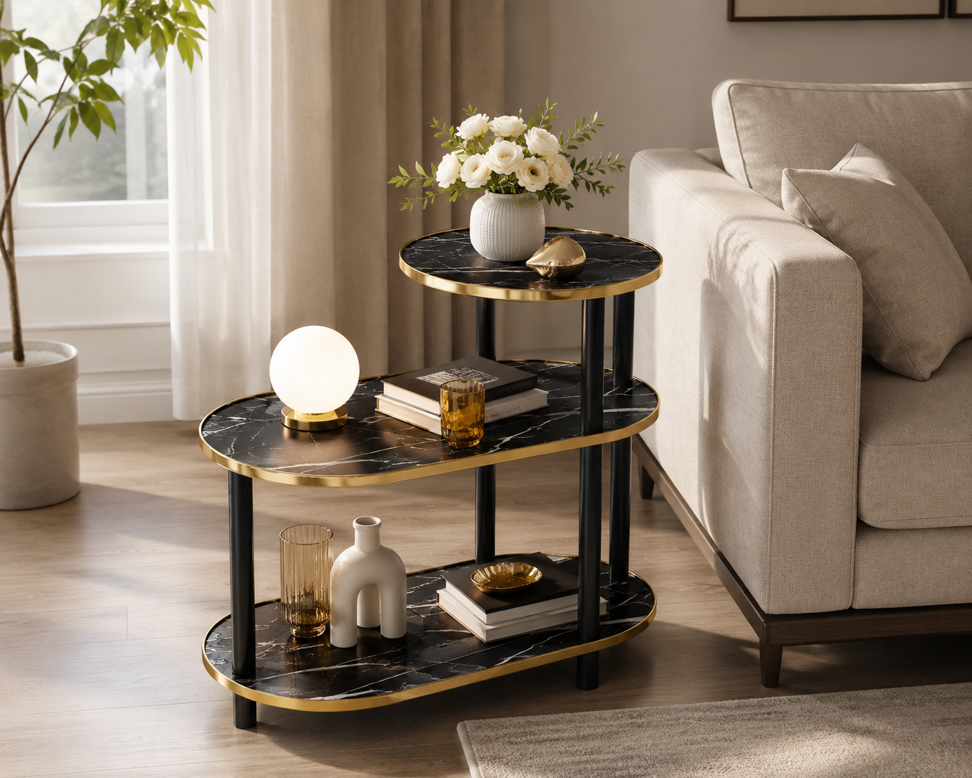 Tavolino da Salotto Nero Marmo Oro, Tavolino Laterale Moderno a 3 Ripiani, Mobile Bar Elegante Multiuso, Comodino Design Scandinavo con Struttura in Metallo Nero e Bordi Oro, 60x30x68 cm