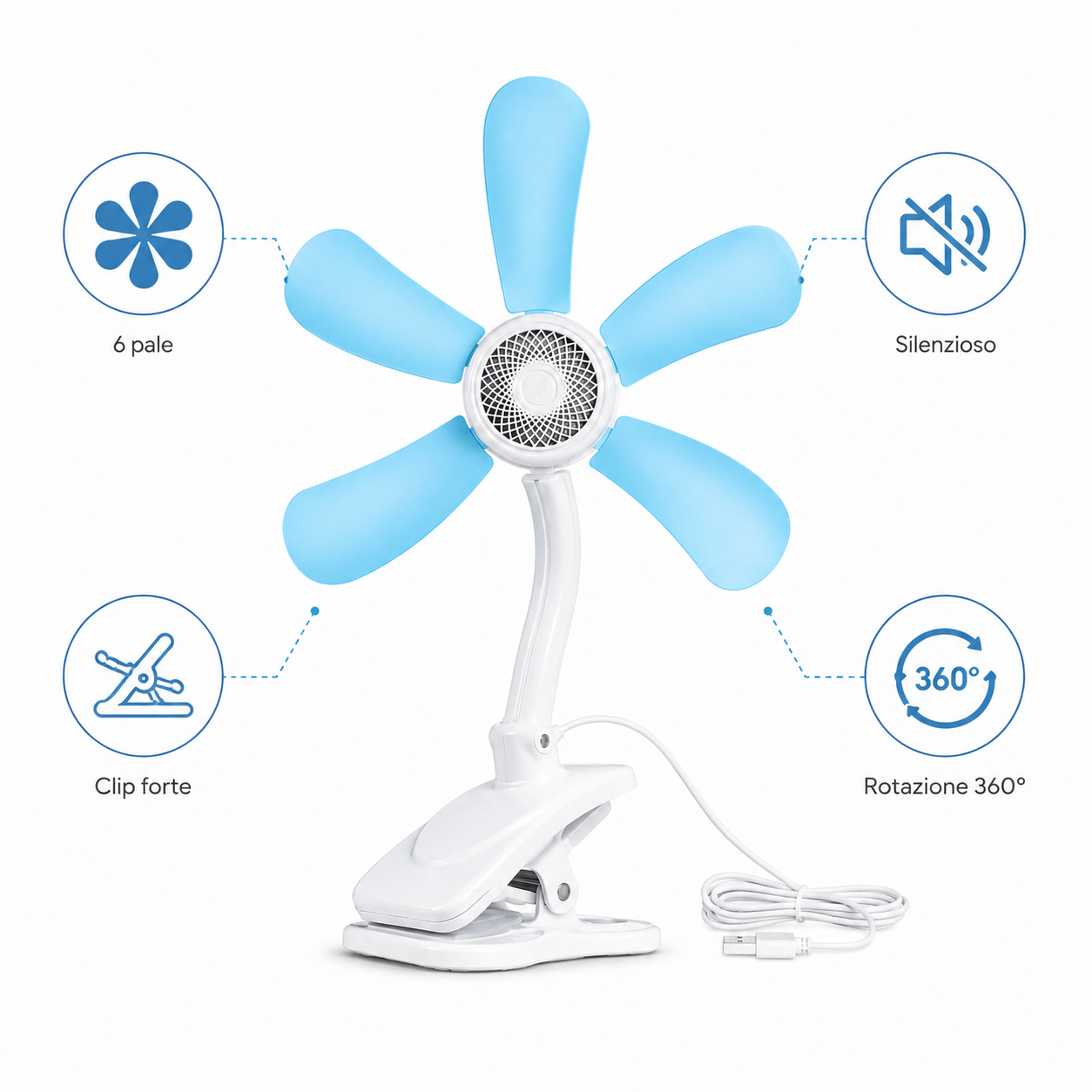 Ventilatore a Clip con 6 Pale – Ventola Silenziosa con Collo Flessibile e Clip Antiscivolo – Mini Ventilatore da Scrivania per Casa, Ufficio e Camera da Letto