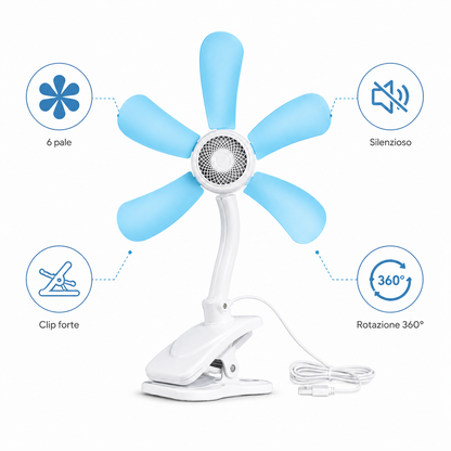 Ventilatore a Clip con 6 Pale – Ventola Silenziosa con Collo Flessibile e Clip Antiscivolo – Mini Ventilatore da Scrivania per Casa, Ufficio e Camera da Letto