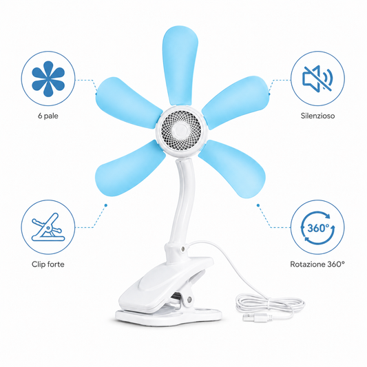 Ventilatore a Clip con 6 Pale – Ventola Silenziosa con Collo Flessibile e Clip Antiscivolo – Mini Ventilatore da Scrivania per Casa, Ufficio e Camera da Letto