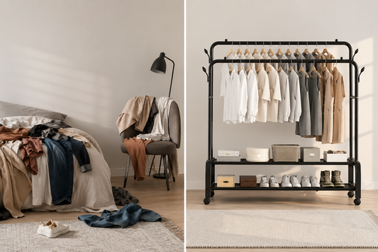 Appendiabiti Doppio con Ruote in Metallo Nero, Stand Appendiabiti Salvaspazio con 2 Barre e Ripiani Porta Scarpe, Attaccapanni Moderno per Camera da Letto, Ingresso, Negozio e Cabina Armadio