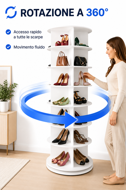 BDIT Accessori Scarpiera Girevole 360°, Scarpiera Rotante a 7 Livelli con 28 Scomparti, 147,4 × 59 cm, Mobile Porta Scarpe Salvaspazio, Organizzatore per Scarpe, Borse e Accessori, Bianca, per Ingresso, Camera e Cabina Armadio