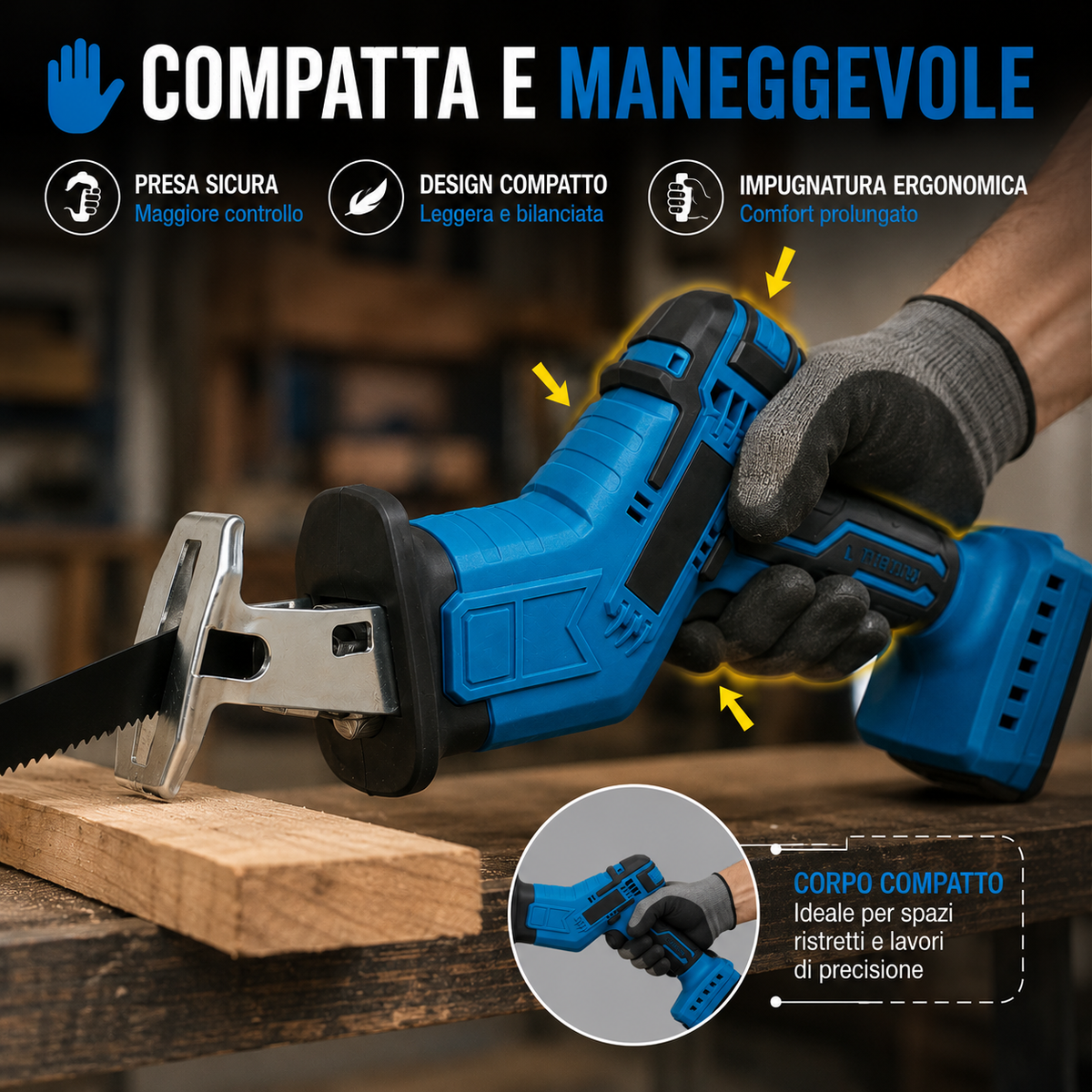 Seghetto a Batteria Portatile con 4 Lame Intercambiabili e Valigetta, Sega a Gattuccio Compatta e Maneggevole con Luce Frontale, per Taglio Legno, Metallo, Fai da Te e Manutenzi