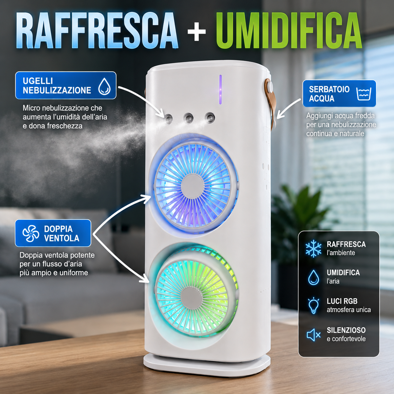 Raffrescatore Portatile con Doppia Ventola, Nebulizzazione ad Acqua e Luci RGB, Mini Condizionatore USB da Tavolo, Ventilatore Silenzioso con Serbatoio Acqua, per Ufficio, Camera da Letto e Casa