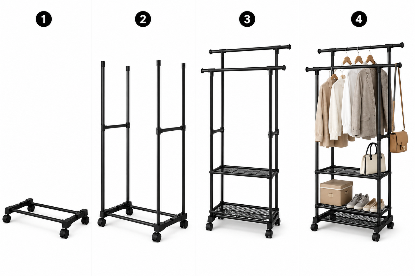 Appendiabiti da Terra con Ruote e Ripiani – Stand Appendiabiti Doppio Bastone in Acciaio Nero – Attaccapanni Salvaspazio per Camera, Ingresso e Cabina Armadio – 42x76x150 cm