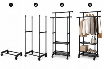 Appendiabiti da Terra con Ruote e Ripiani – Stand Appendiabiti Doppio Bastone in Acciaio Nero – Attaccapanni Salvaspazio per Camera, Ingresso e Cabina Armadio – 42x76x150 cm