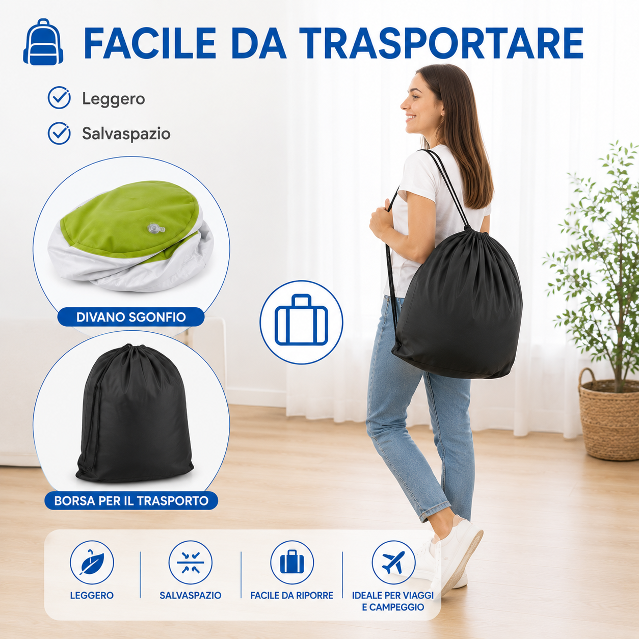 Divano Gonfiabile Singolo, Poltrona Gonfiabile Ø 85 x 74 cm, Poltrona Ergonomica in PVC Resistente, Facile da Gonfiare e Sgonfiare, Leggera e Portatile, per Soggiorno, Camera, Giardino e Campeggio
