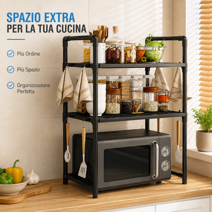 Scaffale Porta Microonde da Cucina 3 Ripiani con Ganci Laterali, Organizer Salvaspazio in Metallo, Mensola per Microonde e Dispensa, Porta Spezie e Accessori Cucina, 50,5 x 27 x 73 cm Nero