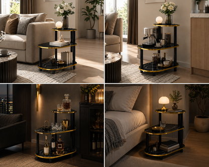 Tavolino da Salotto Nero Marmo Oro, Tavolino Laterale Moderno a 3 Ripiani, Mobile Bar Elegante Multiuso, Comodino Design Scandinavo con Struttura in Metallo Nero e Bordi Oro, 60x30x68 cm